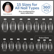Modelones Short Almond Nail Tips 360pcs Clear Pre-etched Fake Press On Nail | Clear Soft Full Cover Half Matte Acrylic Gel Tips Extension for Salon & Home Use 15 Sizes