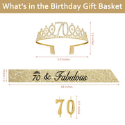 70th Birthday Decorations for Women Gold with Sash and Tiara, Gold Number Candles, 70th Birthday Gifts for Women