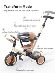 newyoo TR008 5-in-1 Tricycle for Toddlers 1-3, Toddler Bike, Birthday Gift | Toddler Trike with Safety Bar and Parent Push Handle Converts to Balance Bike, Fun Outdoor Toy for Boys and Birls, Khaki
