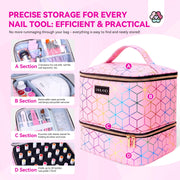 SAVILAND PU Leather Nail Polish Organizer Bag for Nail Tech, Pink | Holds 30 Bottles & Nail Lamp, Waterproof, Double-Layer, Adjustable Divider, Nail Organizers and Storage for Home and Travel