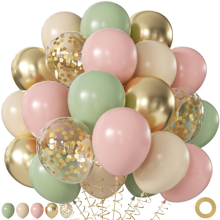 Sage Green Balloons for Boho Baby Shower Fairy Birthday Party Decorations | 60Pcs 12Inch Pink and Green Balloons Include Sage Green Pink Sand White Gold Confetti Balloons, Bridal Shower Decorations