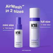 K18 AirWash Travel Non Aerosol Dry Shampoo Spray, 1.6 Fl Oz | Eliminate Odor, Reduce Oil + Sweat, No White Cast or Heavy Fragrance, Fresh Hair + Scalp for 3 Days