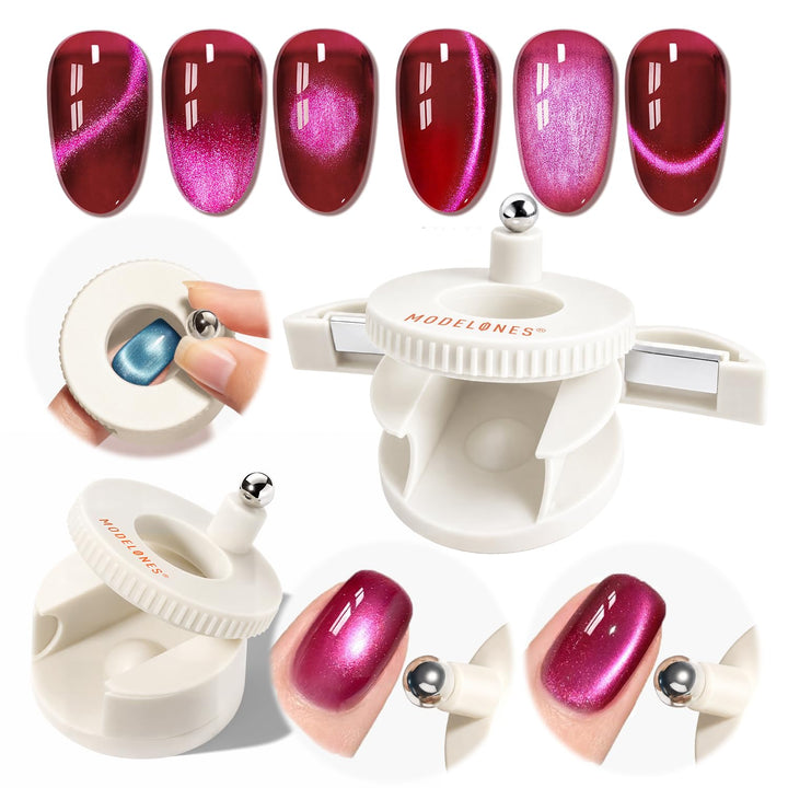 Modelones Cat Eye Magnet 5D Automatic Nail Magnet for Cateye Gel Polish | Pink Upgraded 3-in-1 Strong 360° Rotating Glass Bead Magnetic Side-Light Nail Magnet for Beginner-Friendly DIY Nail Designs