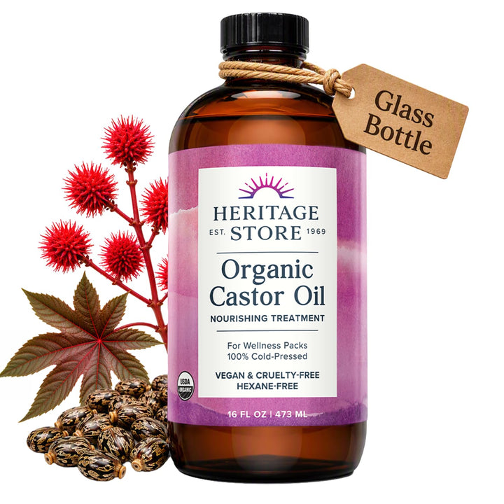 HERITAGE STORE USDA Organic Castor Oil, Cold Pressed, 16 fl oz | Nourish hair, brows, lashes and skin with USDA Organic Castor Oil, cold-pressed and hexane-free.
