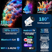 [Built-in Apps & 2026 Upgraded] Mini Projector Support 4K 1080P Auto Keystone 180° Rotatable with WiFi 6 and Bluetooth 5.4, Projector Portable Compatibile with HDMI/TV Stick/Memory Stick/Laptop-White