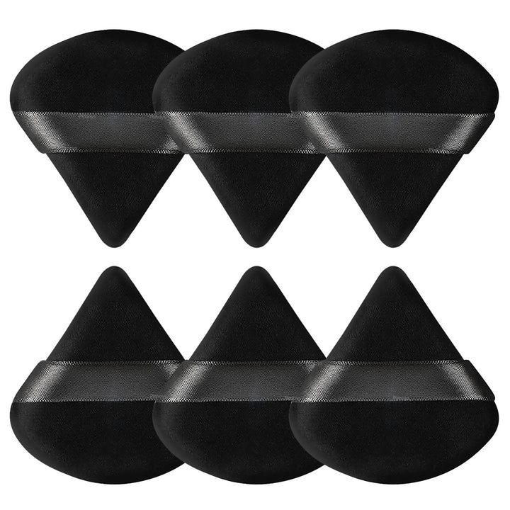 Pimoys Powder Puffs, 6 Pack Triangle Makeup Puff, Black | Soft Velour, Triangle and Round Design, Washable, Finger Strap, for Loose Powder