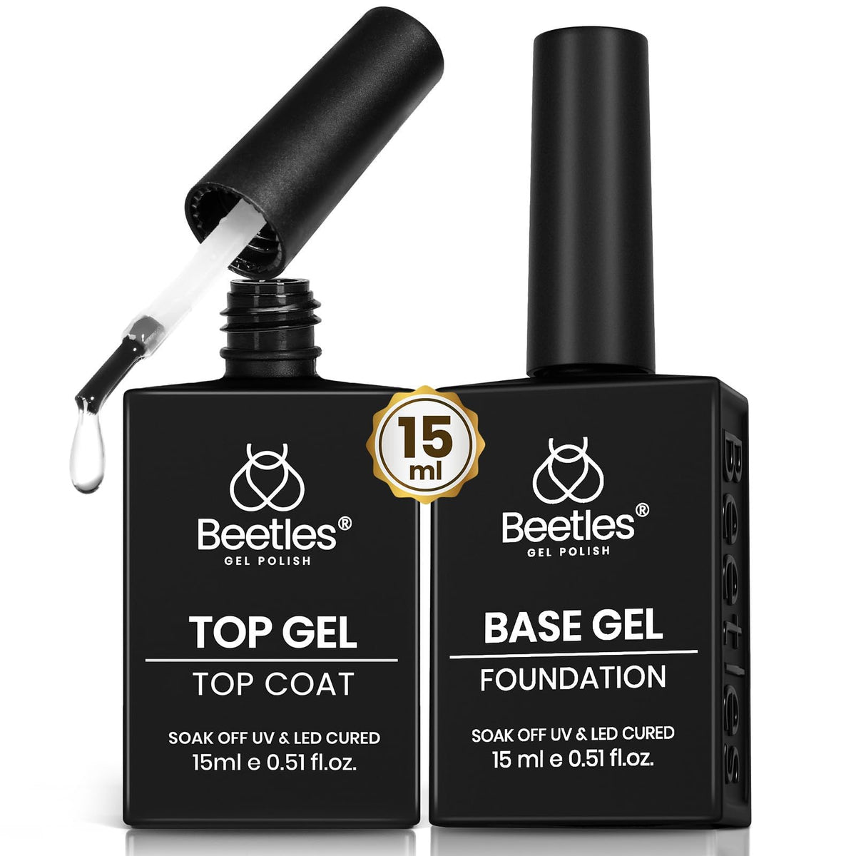 Beetles No Wipe Gel Top Coat and Base Coat Set for Gel Nail Polish | 2Pcs 15ml Super Shiny and Long Lasting Soak Off UV/LED Lamp Nail Art Design Gift