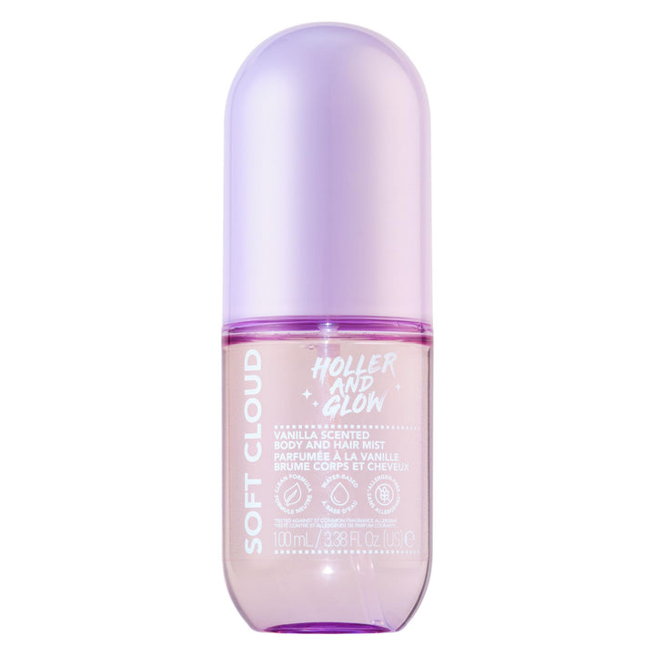 Holler Soft Cloud Vanilla Scented Body And Hair Mist, 3.38 Fl Oz | Spritz a sweet blend of warm vanilla, coconut, amber. Gentle water-based formula keeps skin and strands shiny, not sticky.