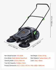 VEVOR Walk-Behind Hand Push Floor Sweeper with 25.6" Sweeping Width | Non-Electric, 5-Gallon Waste Container, Angle & Height Adjustable Folding Handle, Manual Floor Sweeper for Walkway Yard Patio