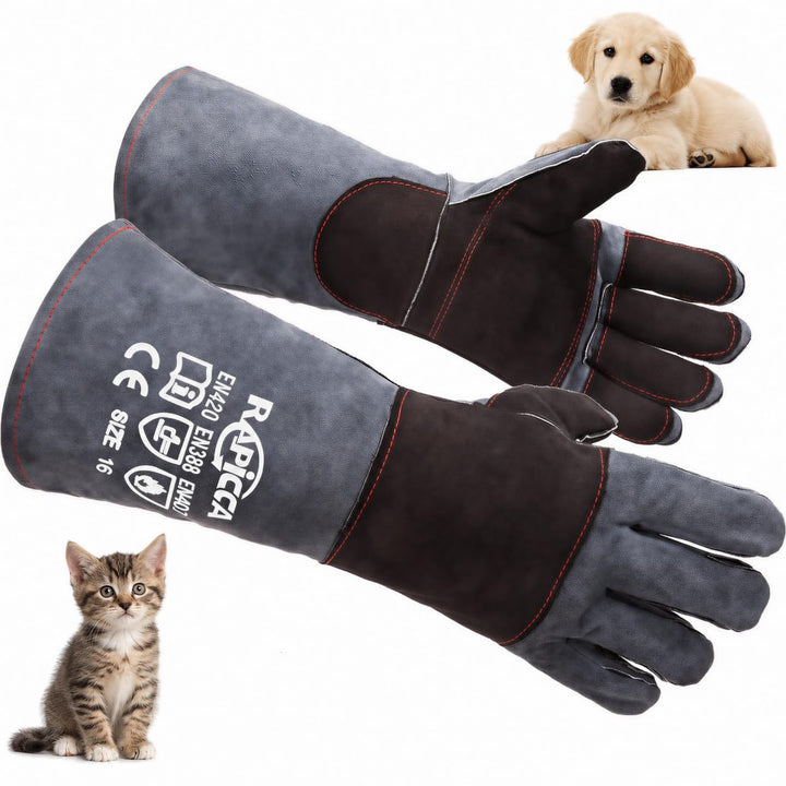 RAPICCA Animal Handling Gloves, Bite Proof Double Leather, 16 in Grey-Black | For Dog, Cat, Bird, Falconry, Snake & Reptile Handling; Vets, Groomers & Animal Control Teams