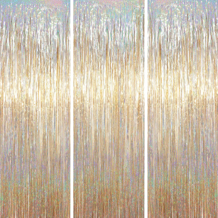 Voircoloria Champagne Foil Fringe Backdrop Curtains, 3.3x6.6ft, 3pcs | Tinsel Streamers, Birthday Party Decorations, Baby Shower, Gender Reveal, Graduation