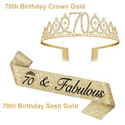70th Birthday Decorations for Women Gold with Sash and Tiara, Gold Number Candles, 70th Birthday Gifts for Women