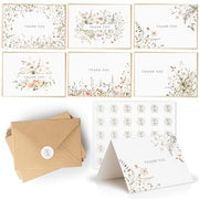 52-pack Floral Thank You Cards Bulk with Kraft Envelopes & Matching Stickers, 3.5x5 Inches, 6 Wildflower Designs | Perfect for Weddings, Baby & Bridal Showers, Graduations & Birthday