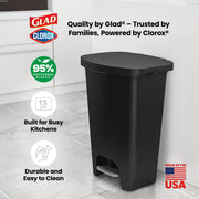 Glad Trash Can with Clorox Odor Protection | Plastic Bin, 13 Gal, Black | Kitchen Waste Bin | Hands Free with Step On Foot Pedal and Garbage Bag Rings