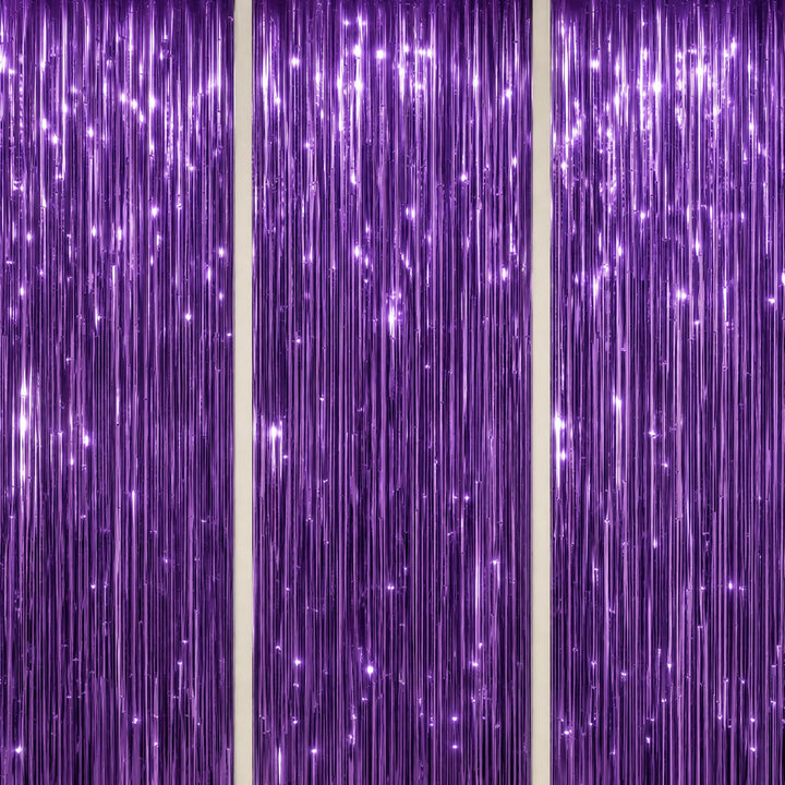DECOCKRAT 3 Pack Foil Fringe Backdrop - Purple Shiny Tinsel Curtains for Party Decoration/Photo Booth Props - 3.3x8.2 FT Metallic Foil Backdrop for Birthday, Wedding, Graduation, Christmas.