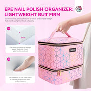 SAVILAND PU Leather Nail Polish Organizer Bag for Nail Tech, Pink | Holds 30 Bottles & Nail Lamp, Waterproof, Double-Layer, Adjustable Divider, Nail Organizers and Storage for Home and Travel