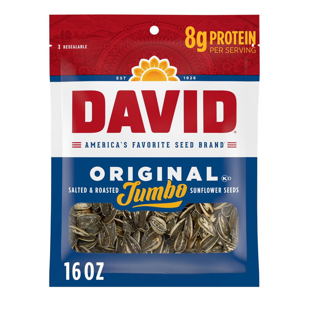 DAVID Jumbo Sunflower Seeds, Original Flavor, 16 oz. | 8g protein per serving; Original flavor; great for baseball games & road trips; also perfect for desk snacking