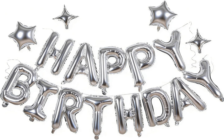 Silver Happy Birthday Balloons Banner Sign Mylar letter Party Decoration | Include Aluminum Foil Four、Five Pointed Star Suitable for Kids, Men, Women, Boys and Girls, Properly Stored and Reusable.