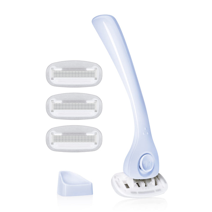 Billie Razors for Women, Cool Blue - 1 Handle, 4 Refills & Magnetic Holder | 5 blade womens razors for sensitive skin, Surrounded by aloe shave soap, Ergonomic handle, Pivoting head, Magnetic Holder