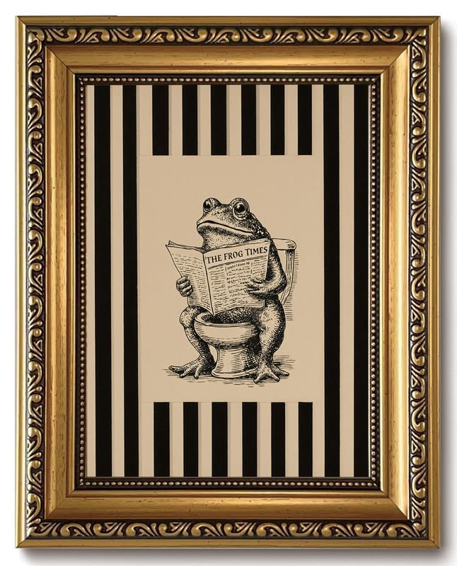 Funny Bathroom Wall Decor Art Vintage Whimsical Frog Gold Framed Wall Art | Black Beige Striped Picture Canvas Art Humour Animal Small Framed Prints Artwork For Vanity Shelf Restroom Toilet Powder Room