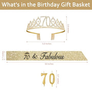 70th Birthday Decorations for Women Gold with Sash and Tiara, Gold Number Candles, 70th Birthday Gifts for Women