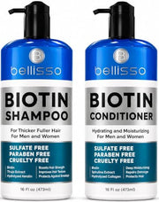 BELLISSO Biotin Shampoo and Conditioner Set - Sulfate & Paraben Free | Hair Thickening & Volumizing with Added Keratin to Help Boost Fuller Looking Hair for Men & Women with Fine or Thinning Hair