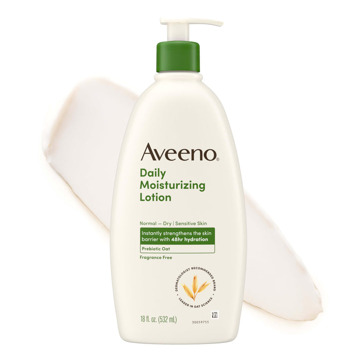 Aveeno Daily Moisturizing Body Lotion, Fragrance-Free, 18 fl. oz | Daily Moisturizing Body Lotion for Normal to Dry Skin, Soothing Prebiotic Oat, Non-Greasy Formula, Non-Comedogenic