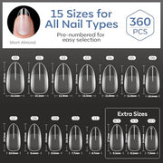 Modelones Short Almond Nail Tips 360pcs Clear Pre-etched Fake Press On Nail | Clear Soft Full Cover Half Matte Acrylic Gel Tips Extension for Salon & Home Use 15 Sizes