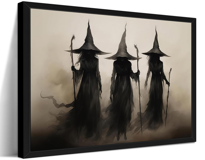 Framed Vintage Witch Canvas Wall Art - Halloween Witchy Wall Decor - Gothic Decor Aesthetics, Creepy Three Witches Rustic Macabre Dark Artwork Prints for Living Room Bedroom 12x16 inch