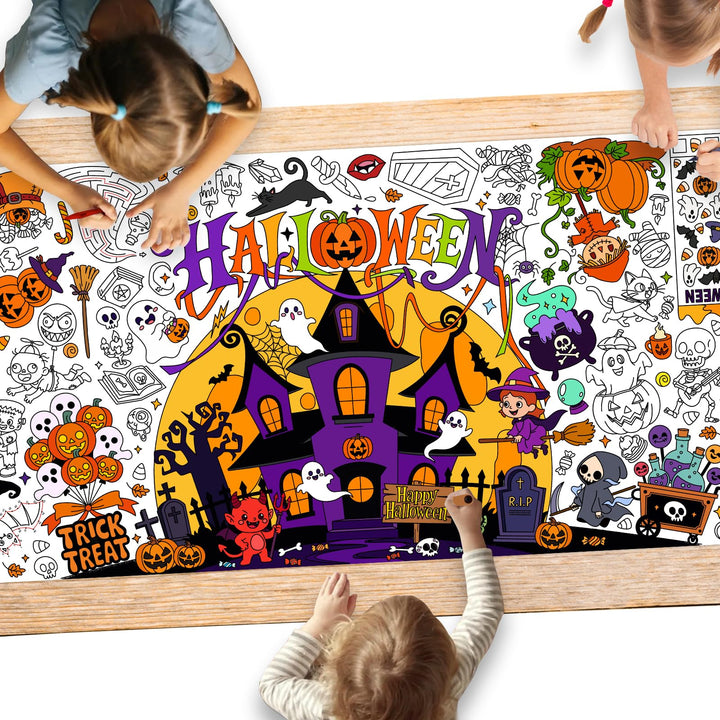 Halloween Activity Poster, 31.5 x 72 Inch Halloween Craft Paper Coloring Banner, Halloween Tablecloth for Kids, Halloween Decorations for School Party, Classroom Activities and Special Events