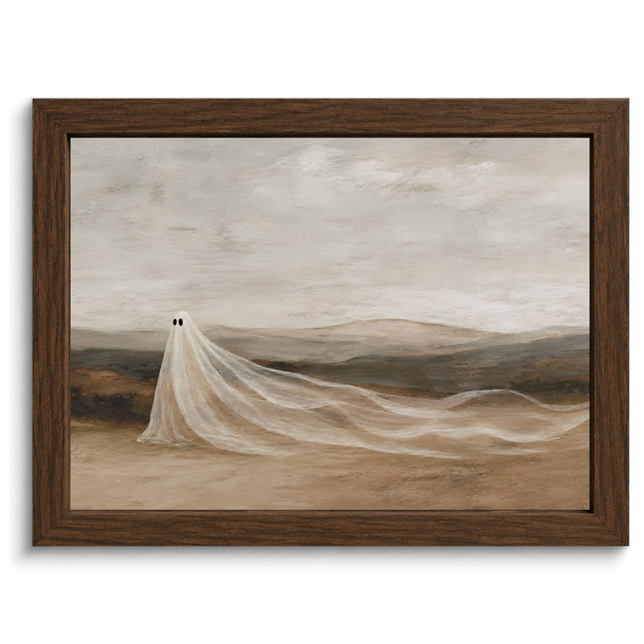 YPDQJW Vintage Ghost Wall Art, Framed Halloween Landscape Print,10x8 in | Cute ghost picture over hills in neutral earth tones, Moody rustic wall decor for living room, bedroom, hallway or entryway.