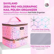 SAVILAND PU Leather Nail Polish Organizer Bag for Nail Tech, Pink | Holds 30 Bottles & Nail Lamp, Waterproof, Double-Layer, Adjustable Divider, Nail Organizers and Storage for Home and Travel