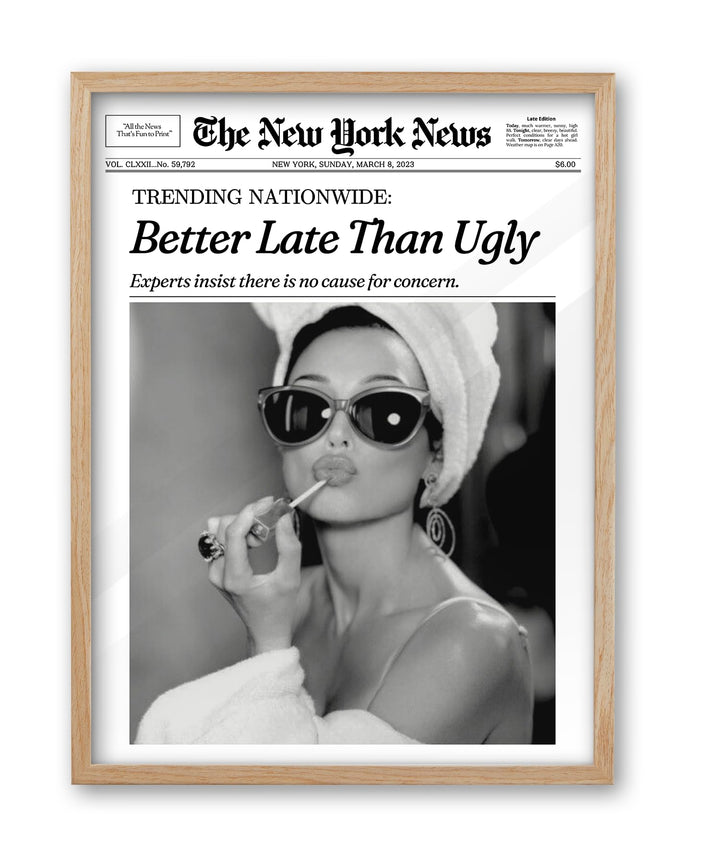 iHery 12x16in Audrey Hepburn Better Late Than Ugly Framed Bathroom Art | Natural OAK Wood Frame with Canvas Print, Vintage Fashion Wall Decor for Bathroom, Bedroom, Apartment and Girl Dorm, 1Pack