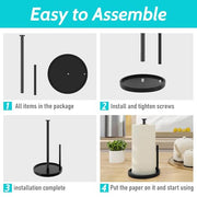 Paper Towel Holder Countertop, Standing Paper Roll Holder with Anti Slip Weighted Base, Stainless Steel Freestanding Paper Towel Holder for Kitchen, Black