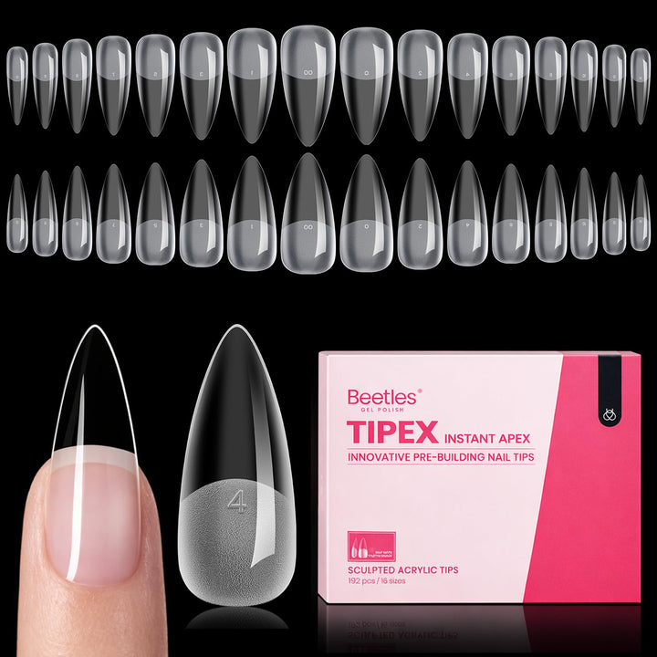 Beetles Tipex Instant Apex Nail Tips, Medium Stiletto 192pcs 16 Sizes 00-14 | No Builder Gel Needed, Etched-free Thicker Strong Acrylic Nails for DIY Salon-look Fake Nail Extensions