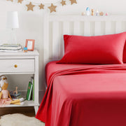 Amazon Basics Kid's Soft, Breathable, Machine Washable Microfiber 3-Piece Sheet Set with Pillowcase, Twin, Red, Solid