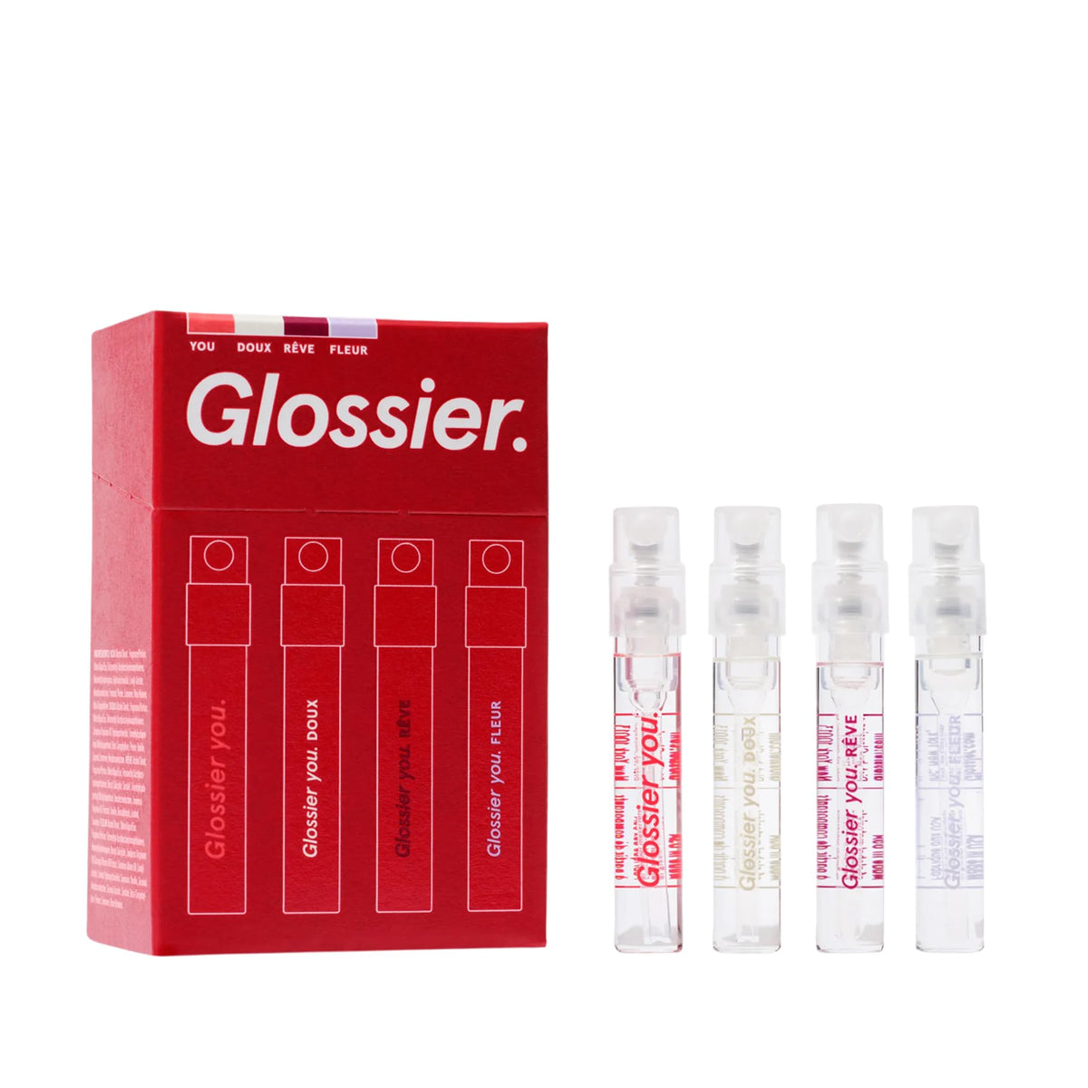 Glossier You Mini Wardrobe Fragrance Set, 4 x 1.5ml | Unisex Travel EDP Sampler, You, Fleur, Doux & Rêve, Skin-Scent Enhancer, Smells Different on Everyone