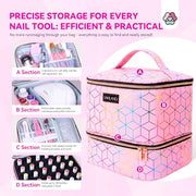 SAVILAND PU Leather Nail Polish Organizer Bag for Nail Tech, Pink | Holds 30 Bottles & Nail Lamp, Waterproof, Double-Layer, Adjustable Divider, Nail Organizers and Storage for Home and Travel