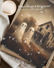 Vodefoad Retro Cute Ghost Decor Halloween Painting Spooky Silhouette Ghosts Haunted House Art Victorian Ghost Posters Pictures for Living Room, Bedroom, Bathroom, halloween Room decor - 8x10 Inch Unframed