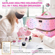 SAVILAND PU Leather Nail Polish Organizer Bag for Nail Tech, Pink | Holds 30 Bottles & Nail Lamp, Waterproof, Double-Layer, Adjustable Divider, Nail Organizers and Storage for Home and Travel