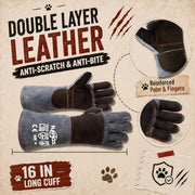 RAPICCA Animal Handling Gloves, Bite Proof Double Leather, 16 in Grey-Black | For Dog, Cat, Bird, Falconry, Snake & Reptile Handling; Vets, Groomers & Animal Control Teams