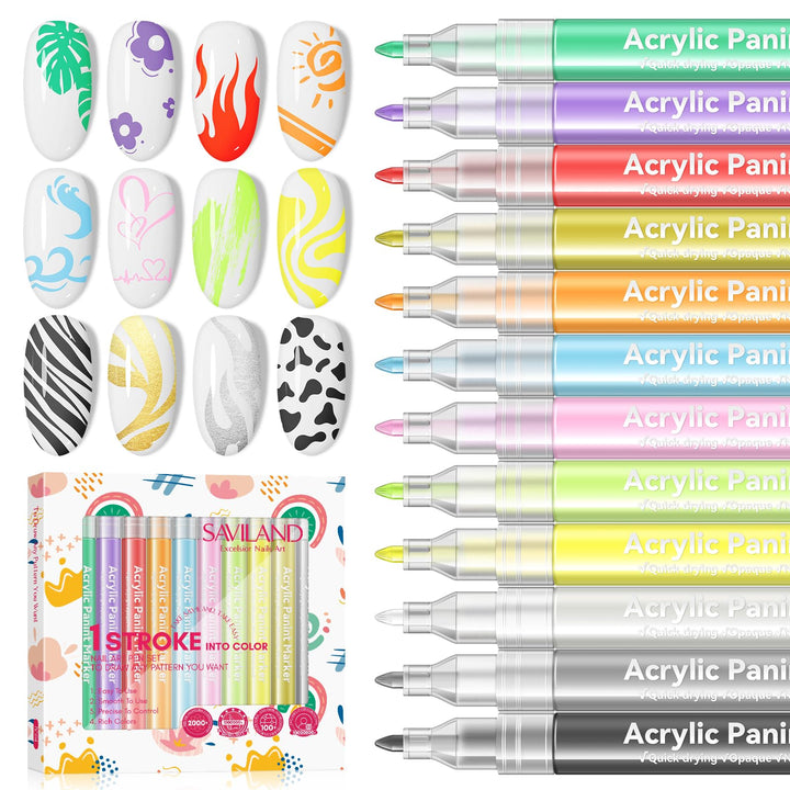 SAVILAND 12 Colors Nail Art Pens Set, 0.7mm Fine Tip Nail Polish Pens | 20s Quick Dry, No Smudging, Waterproof, Nail Art Markers for Painting Dots Liner Lettering & Design, Women Gift, Home DIY