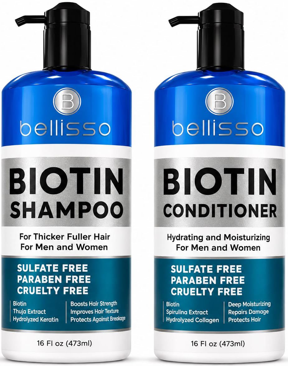 BELLISSO Biotin Shampoo and Conditioner Set - Sulfate & Paraben Free | Hair Thickening & Volumizing with Added Keratin to Help Boost Fuller Looking Hair for Men & Women with Fine or Thinning Hair