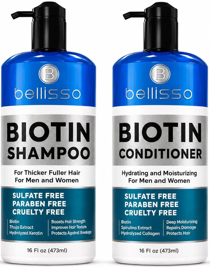 BELLISSO Biotin Shampoo and Conditioner Set - Sulfate & Paraben Free | Hair Thickening & Volumizing with Added Keratin to Help Boost Fuller Looking Hair for Men & Women with Fine or Thinning Hair