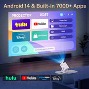 Built-in Apps 1080P 4K Support Mini Projector with Android 14, Phone Remote | Portable Smart Projector with WiFi 6 and Bluetooth 5.4 for Bedroom Auto Keystone Compatible with Netflix/iOS/HDMI/TV Stick X1