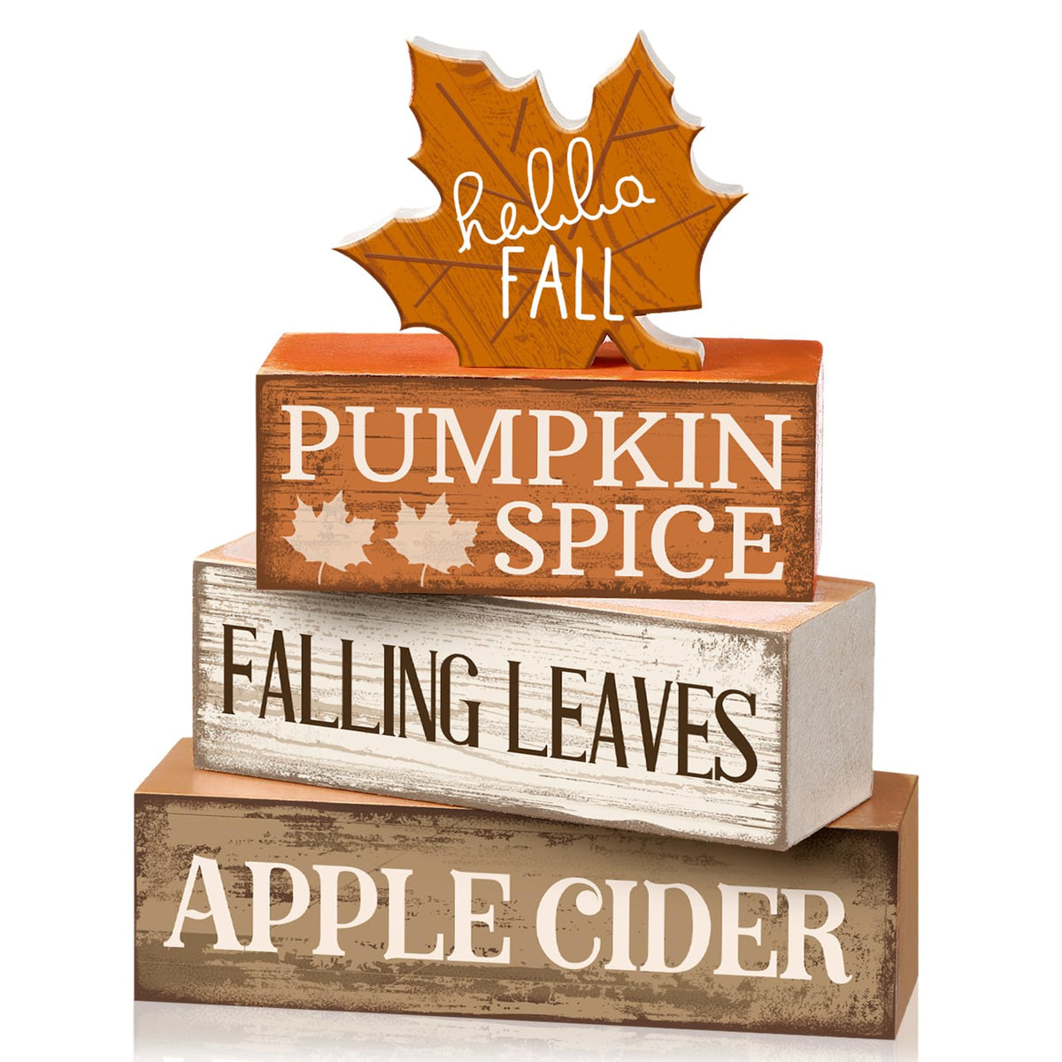 Moucuny 4 Pcs Fall Decor Wooden Maple Leaf Decoration Thanksgiving Decor | Rustic Stackable Blocks with Apple Cider Leaves Sayings,Thanksgiving Table Centerpiece, Farmhouse for Autumn Harvest Party