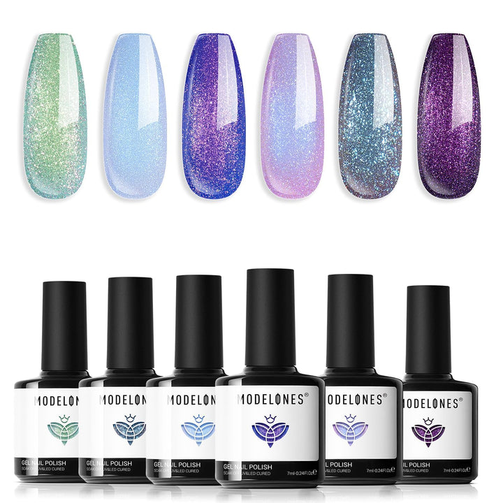 modelones Gel Nail Polish Set Glitter Chameleon 6Colors Blue Green Purple
