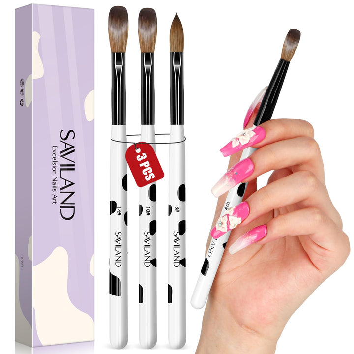 SAVILAND 3PCS Acrylic Nail Brush Set Size 8/10/14 Black & White | Kolinsky Acrylic Nail Brushes, for Acrylics Application, Acrylic Powder Nail Art Extension, for Beginner & Professional