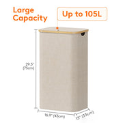 Lifewit 105L Large Laundry Basket with Lid, Removable Bags, Beige | Foldable Laundry Hamper with Bamboo Handles, Tall Laundry Bin, Dirty Clothes Hamper for Laundry Room, Bedroom, Bathroom, Dorm
