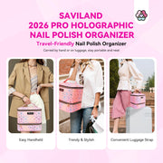 SAVILAND PU Leather Nail Polish Organizer Bag for Nail Tech, Pink | Holds 30 Bottles & Nail Lamp, Waterproof, Double-Layer, Adjustable Divider, Nail Organizers and Storage for Home and Travel